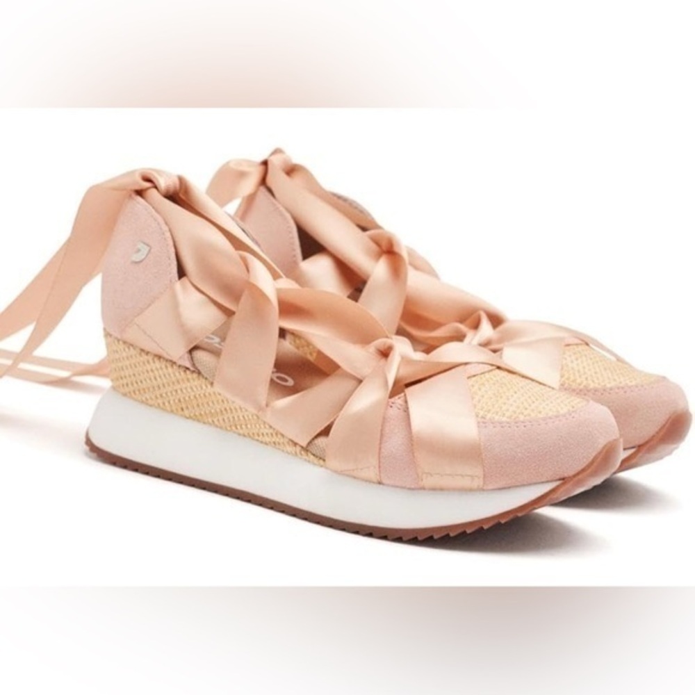 GIOSEPPO Pink Platform Sport Sandals with Raffia Wedge & Ribbon Laces Size 9